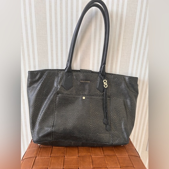 Cole Haan Mila Leather Black with Pewter Tote Bag. Work Office Laptop Bag - Picture 3 of 10